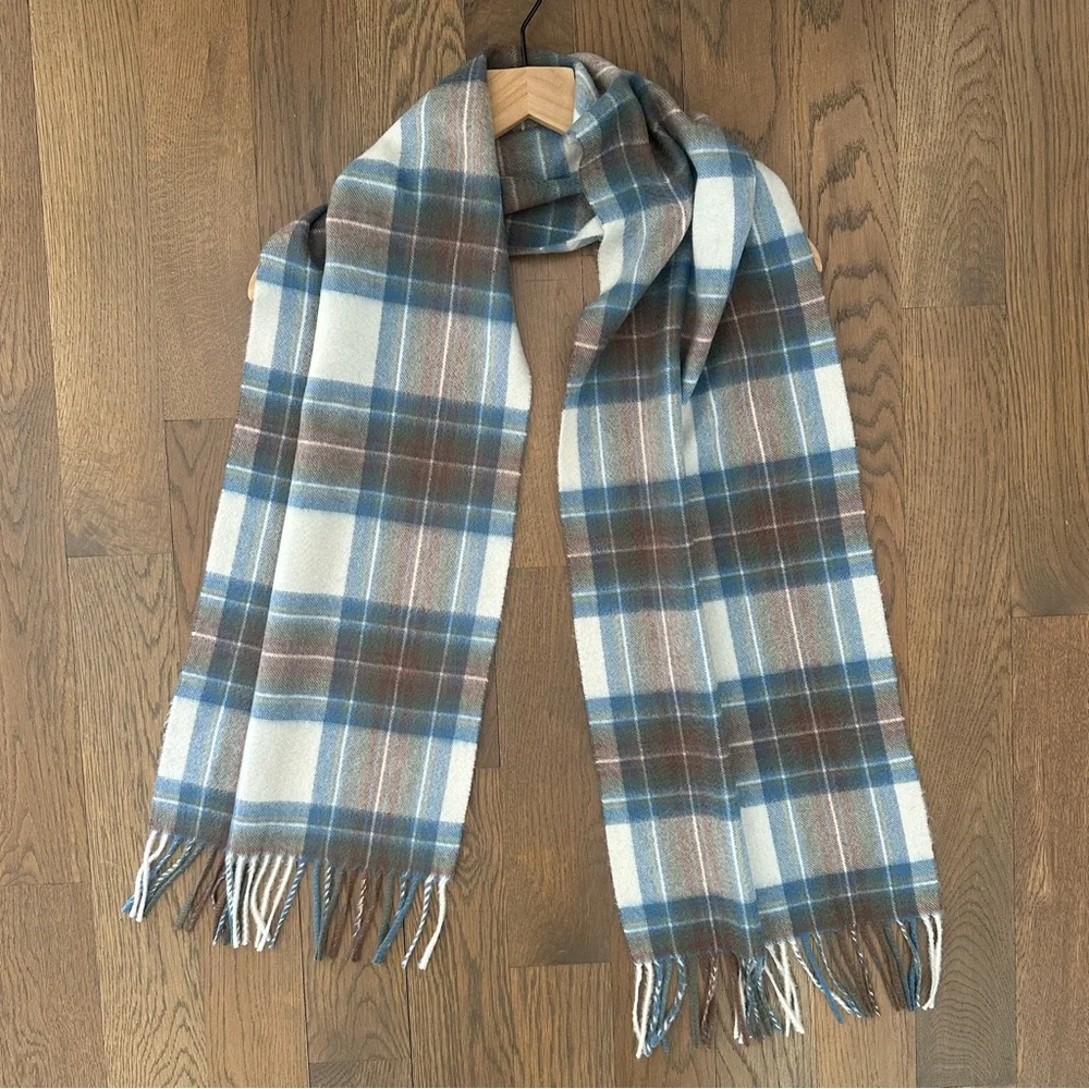 Lochmere Plaid Tartan Cashmere Oblong Fringe Scarf Muted Blue Dress Stewart 55
